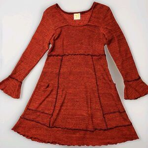 Hand Jive Rust Knit Dress Bell Sleeve Pocket A-Line Boho Artsy Womens L EUC